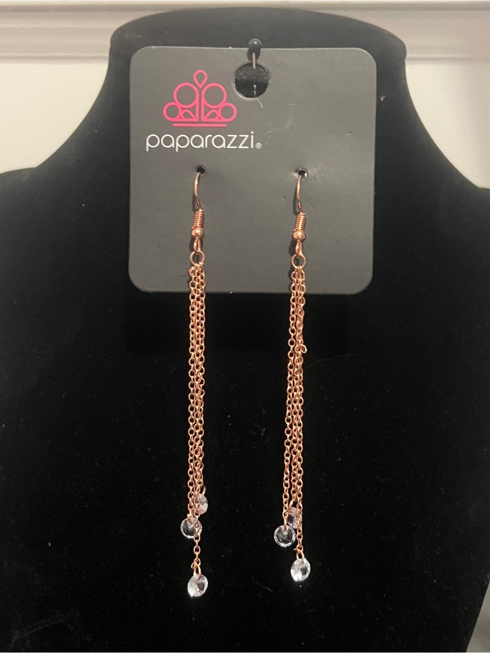 Paparazzi Rose Gold Multi-Chain Drop Earrings with Clear Crystal Dangles